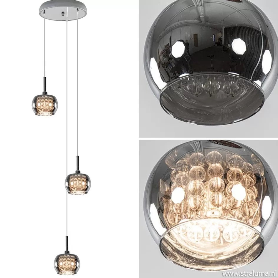 Pearl | Pendel Lampen>Straluma 3-Lichts hanglamp chroom met smokey glazen kappen