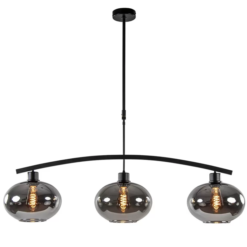 Eettafellampen | Eetkamerverlichting>Straluma 3-Lichts retro hanglamp zwart met smoke glas