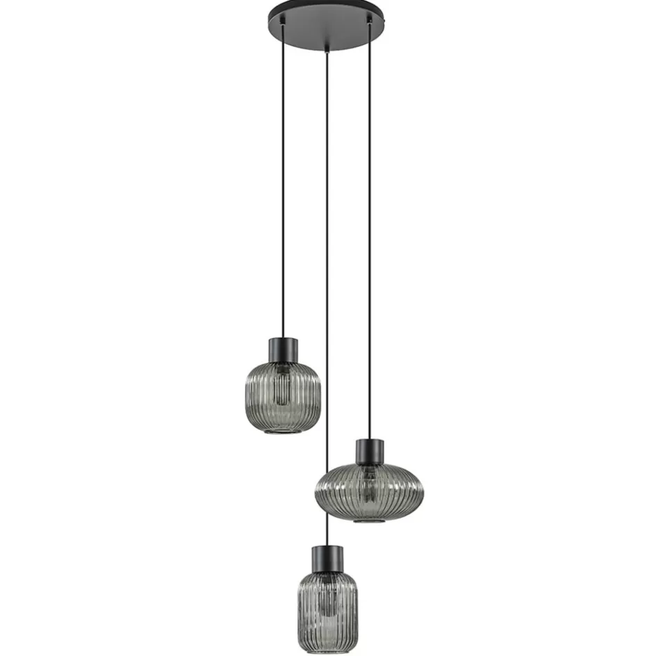 Eettafellampen | Pendel Lampen>Straluma 3-Lichts ronde eettafelhanglamp zwart met smoke glas