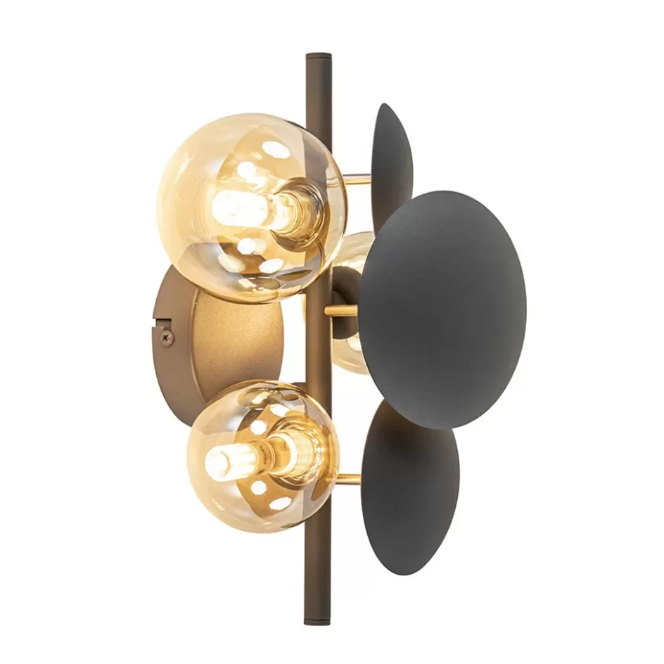 Wandlampen | Woonkamerlampen>Straluma 3-Lichts wandlamp grijs/goud met amber glas