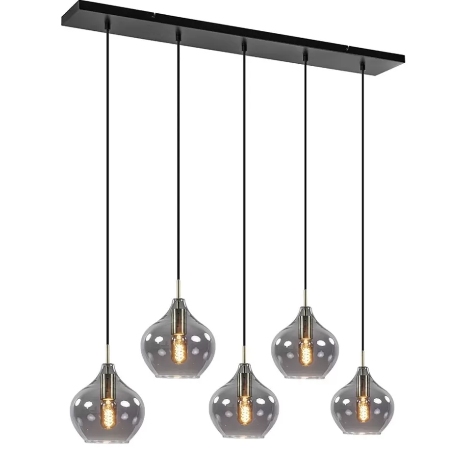 Eettafellampen | Light and Living>Straluma 5-Lichts eettafelhanglamp Rakel antiek brass met smoke glas