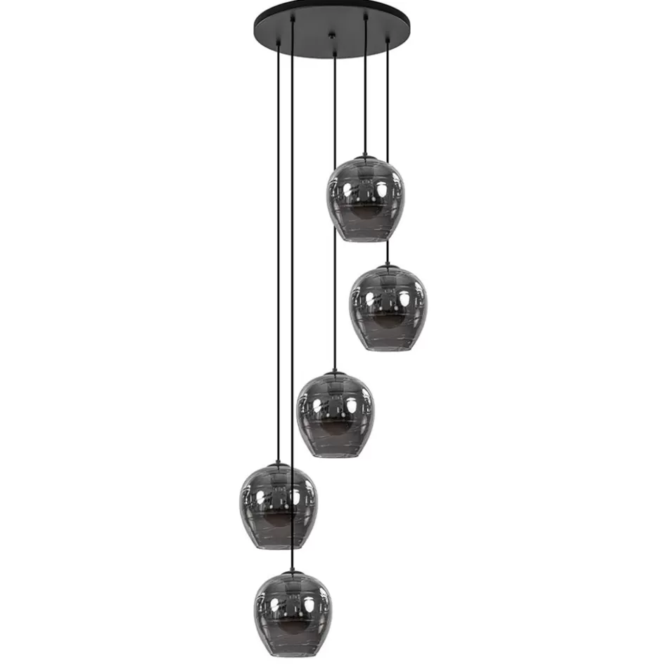 Videverlichting | Pendel Lampen>Straluma 5-Lichts ronde hanglamp zwart met smokey glas