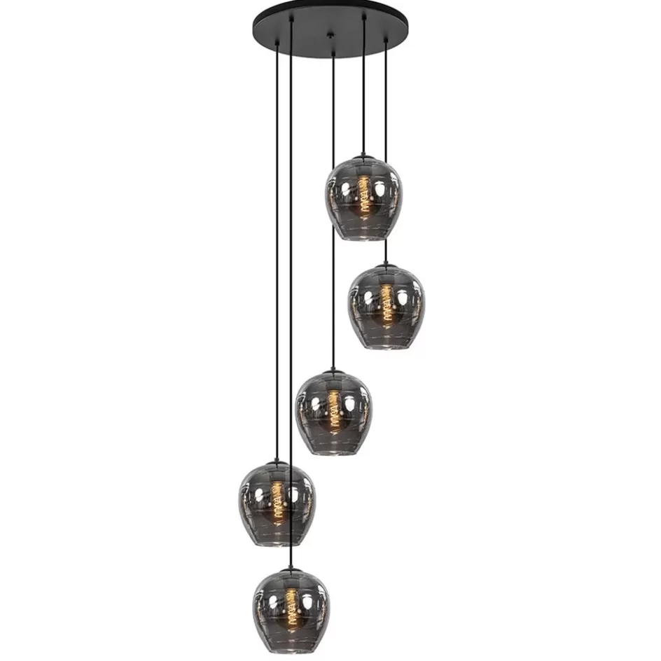 Videverlichting | Pendel Lampen>Straluma 5-Lichts ronde hanglamp zwart met smokey glas