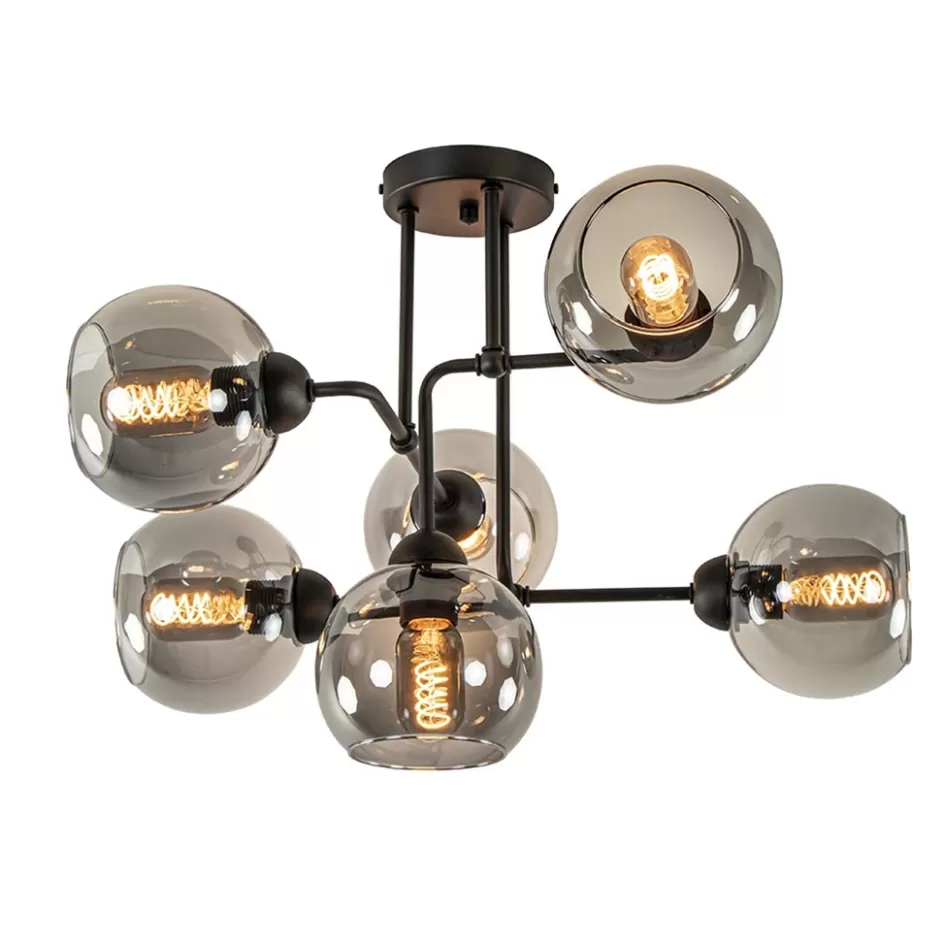 Plafondlampen | Luxe Verlichting>Straluma 6-Lichts plafondlamp zwart met smoke glazen bollen