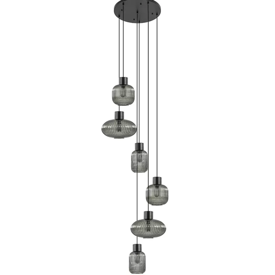 Eettafellampen | Videverlichting>Straluma 6-Lichts vide hanglamp smoke glas met zwarte details