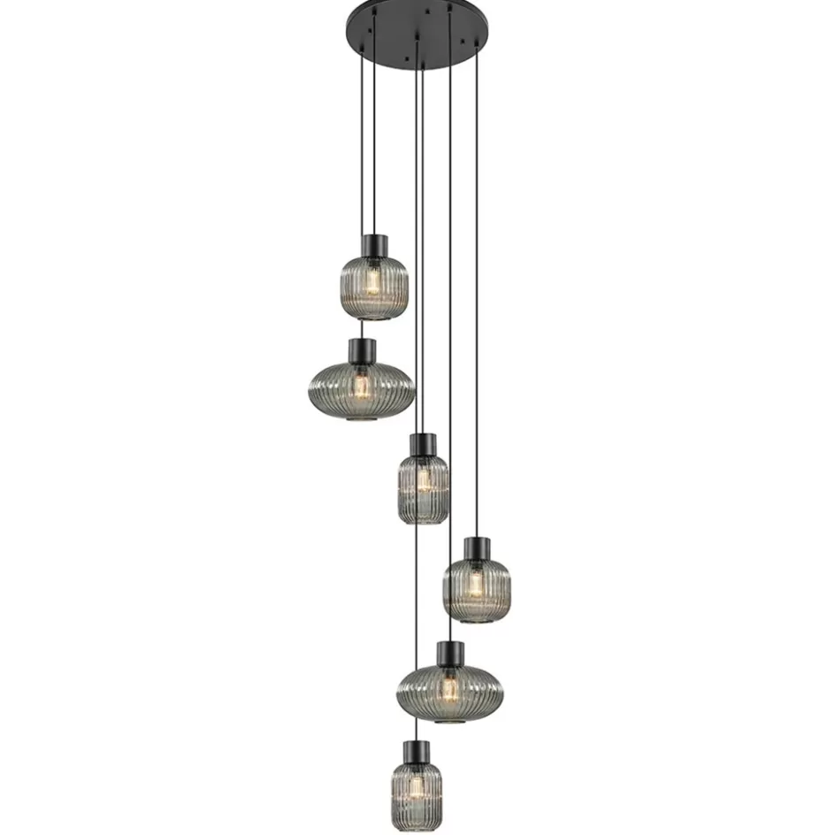 Eettafellampen | Videverlichting>Straluma 6-Lichts vide hanglamp smoke glas met zwarte details