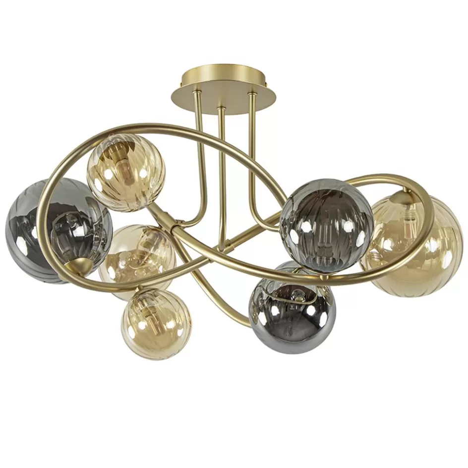 Plafondlampen | Woonkamerlampen>Straluma Art Deco plafondlamp goud met smoke en amber glas