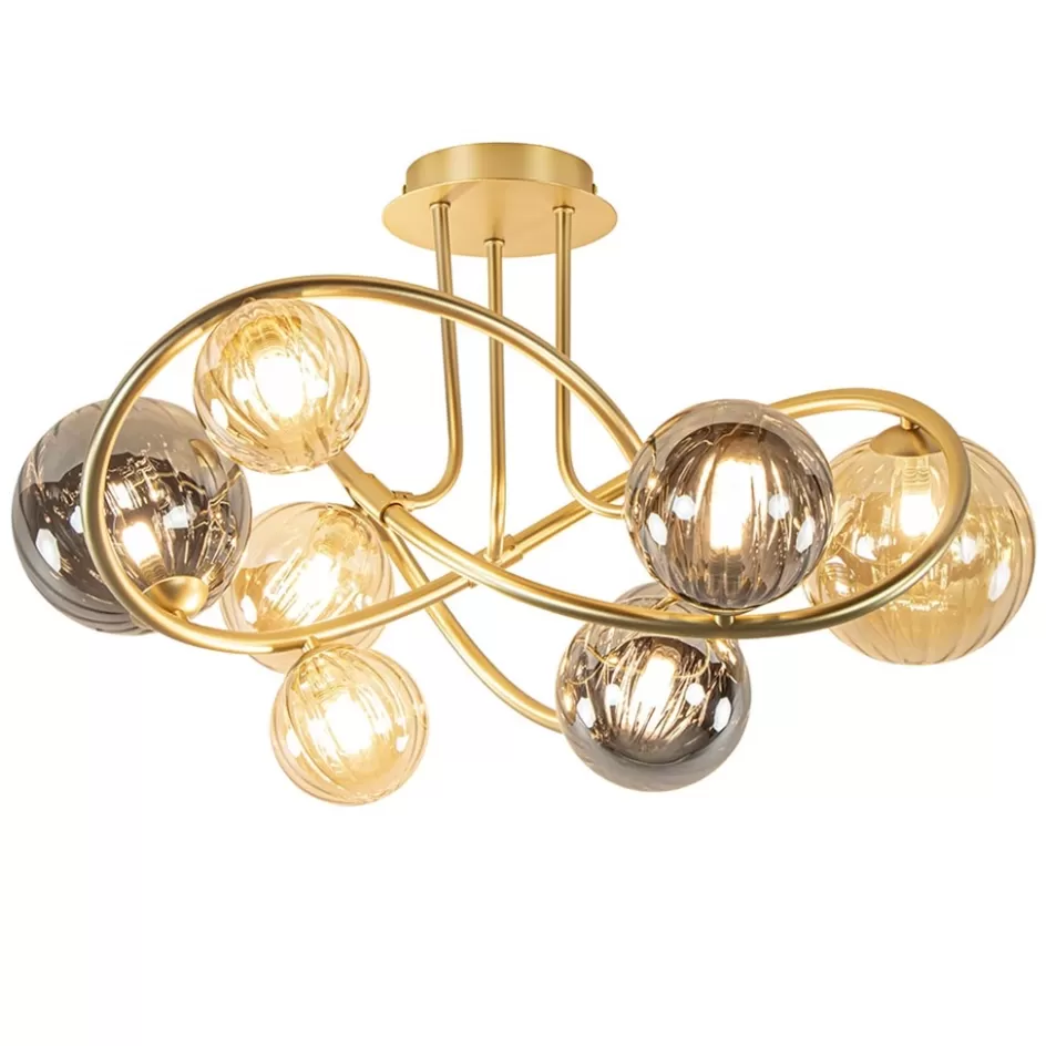 Plafondlampen | Woonkamerlampen>Straluma Art Deco plafondlamp goud met smoke en amber glas