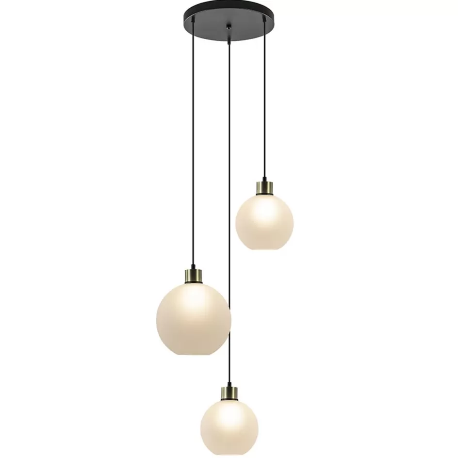 Eettafellampen | Pendel Lampen>Straluma Chique 3-lichts hanglamp rond zwart-goud + opaal glas