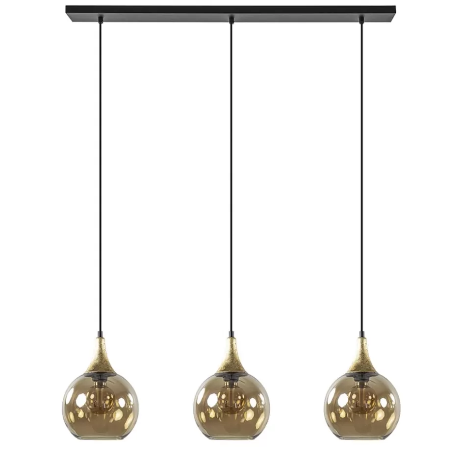 Eettafellampen | Pendel Lampen>Straluma Chique 3-lichts hanglamp zwart/goud met amber glas