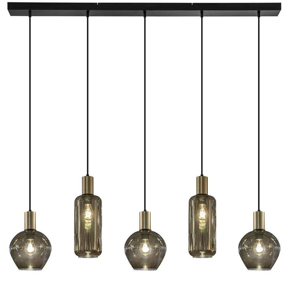 Eettafellampen | Pendel Lampen>Straluma Chique 5-lichts hanglamp smoke glas met brons