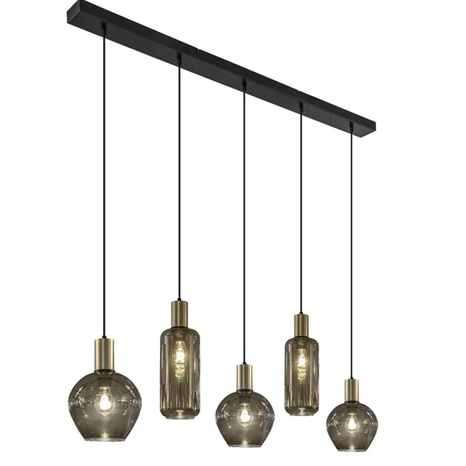 Eettafellampen | Pendel Lampen>Straluma Chique 5-lichts hanglamp smoke glas met brons