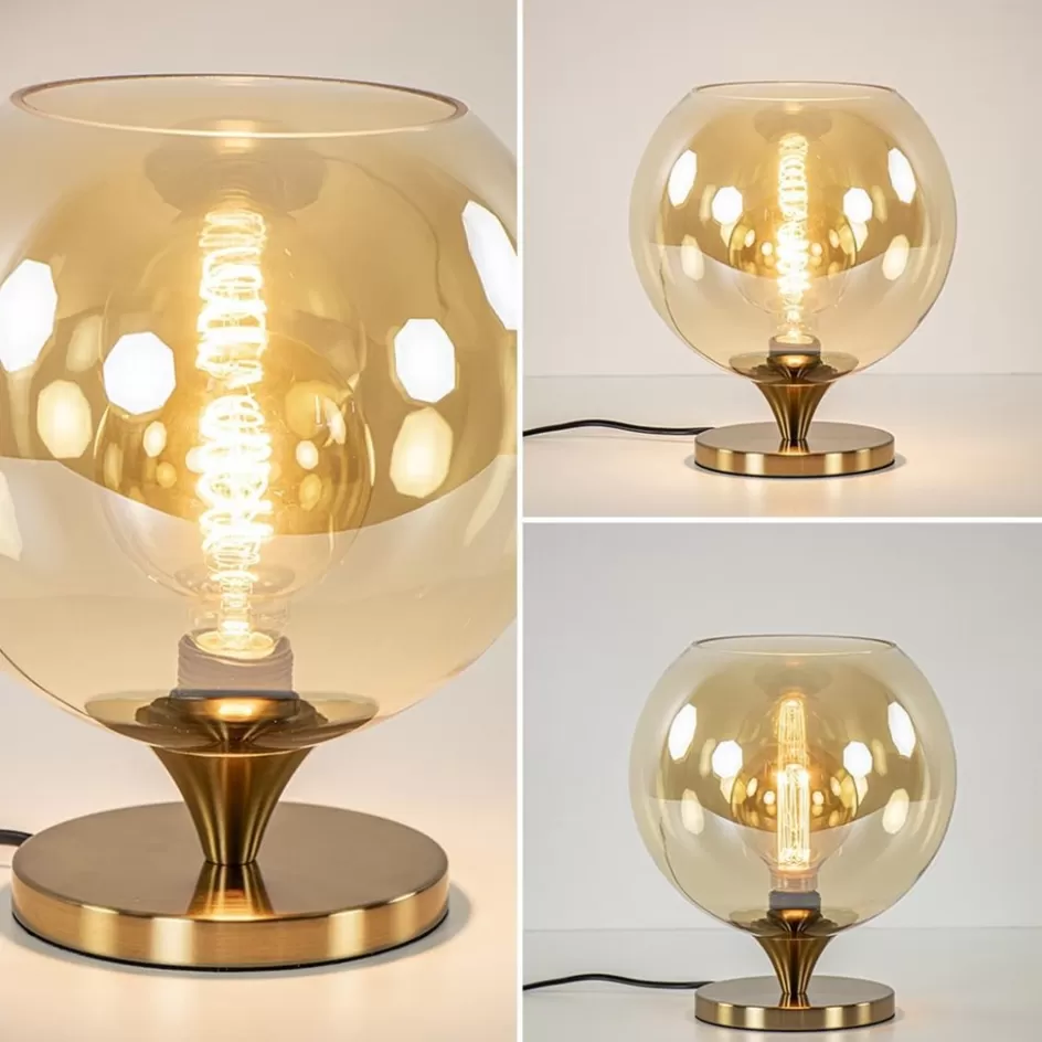Tafellampen | Luxe Verlichting>Straluma Elegante tafellamp donker goud met amber glazen bol 25 cm