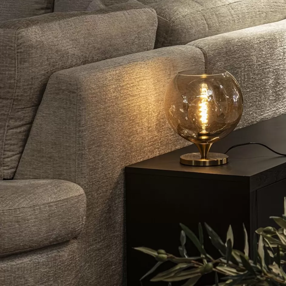 Tafellampen | Luxe Verlichting>Straluma Elegante tafellamp donker goud met amber glazen bol 25 cm