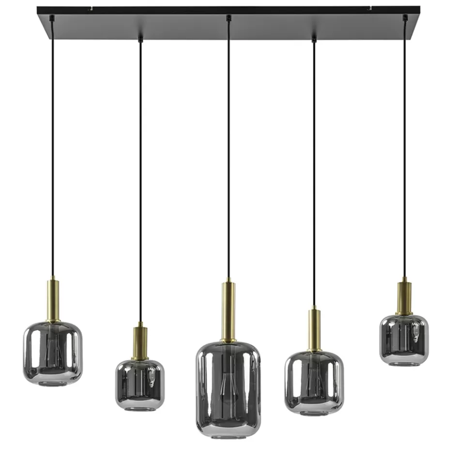 Eettafellampen | Light and Living>Straluma Grote hanglamp Lekar 5-lichts antiek brons met smoke glas