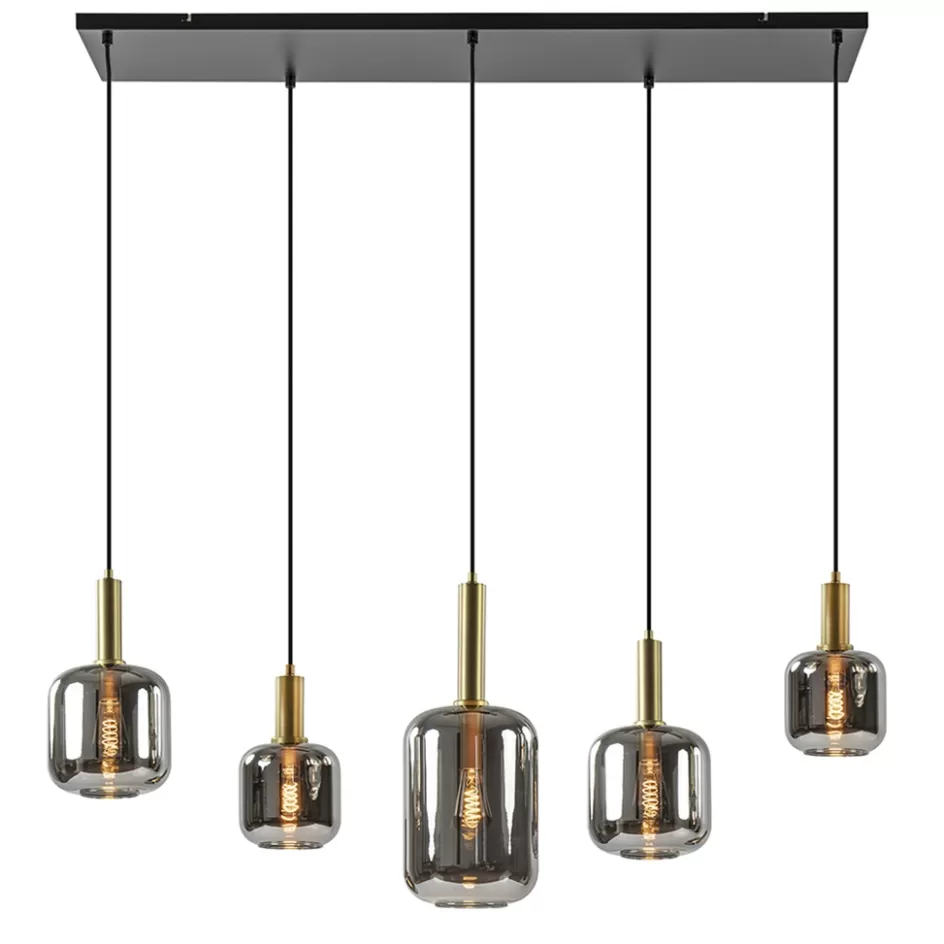 Eettafellampen | Light and Living>Straluma Grote hanglamp Lekar 5-lichts antiek brons met smoke glas