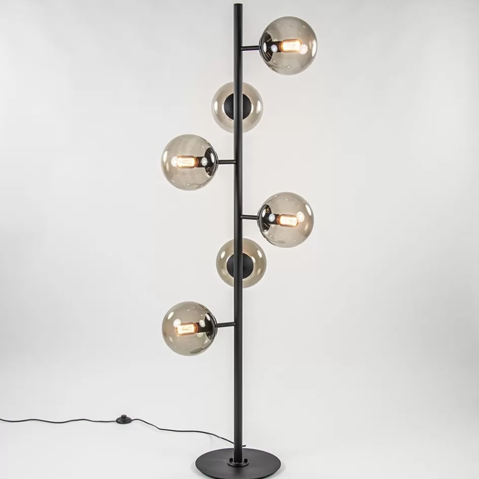 Vloerlampen | Retro Verlichting>Straluma Grote vloerlamp 6-lichts zwart met smoke glazen bollen