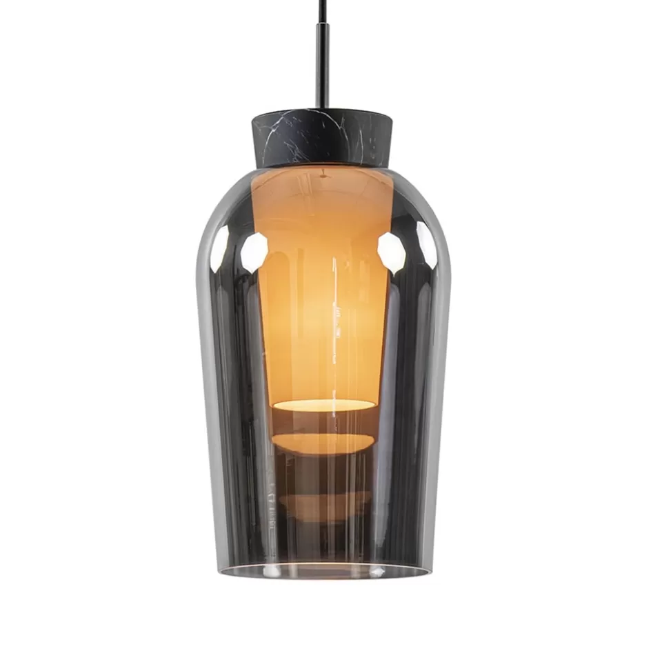 Hanglampen | Eettafellampen>Straluma Hanglamp 1 lichts zwart/marmer met smoke glas