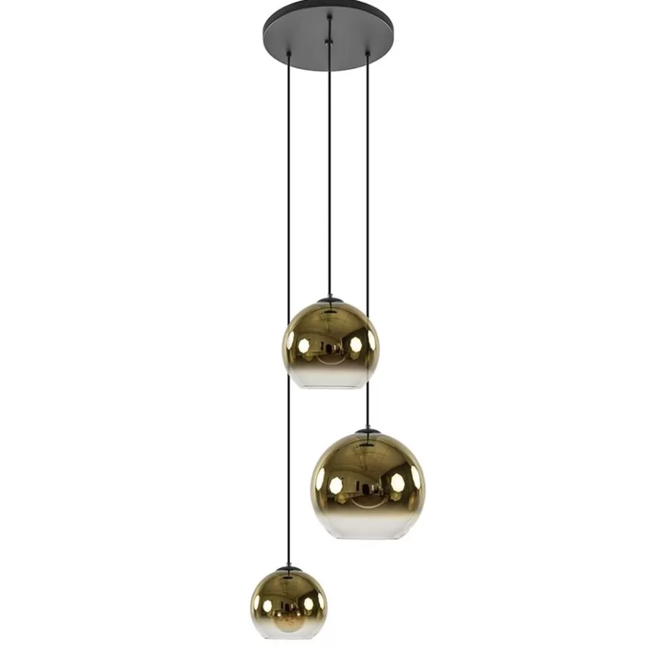 Hanglampen | Eettafellampen>Straluma Hanglamp 3-lichts rond zwart met goud gradient glas