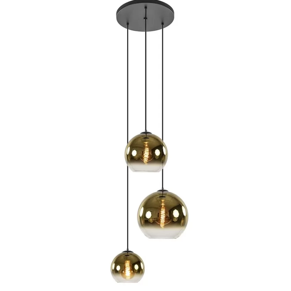 Hanglampen | Eettafellampen>Straluma Hanglamp 3-lichts rond zwart met goud gradient glas