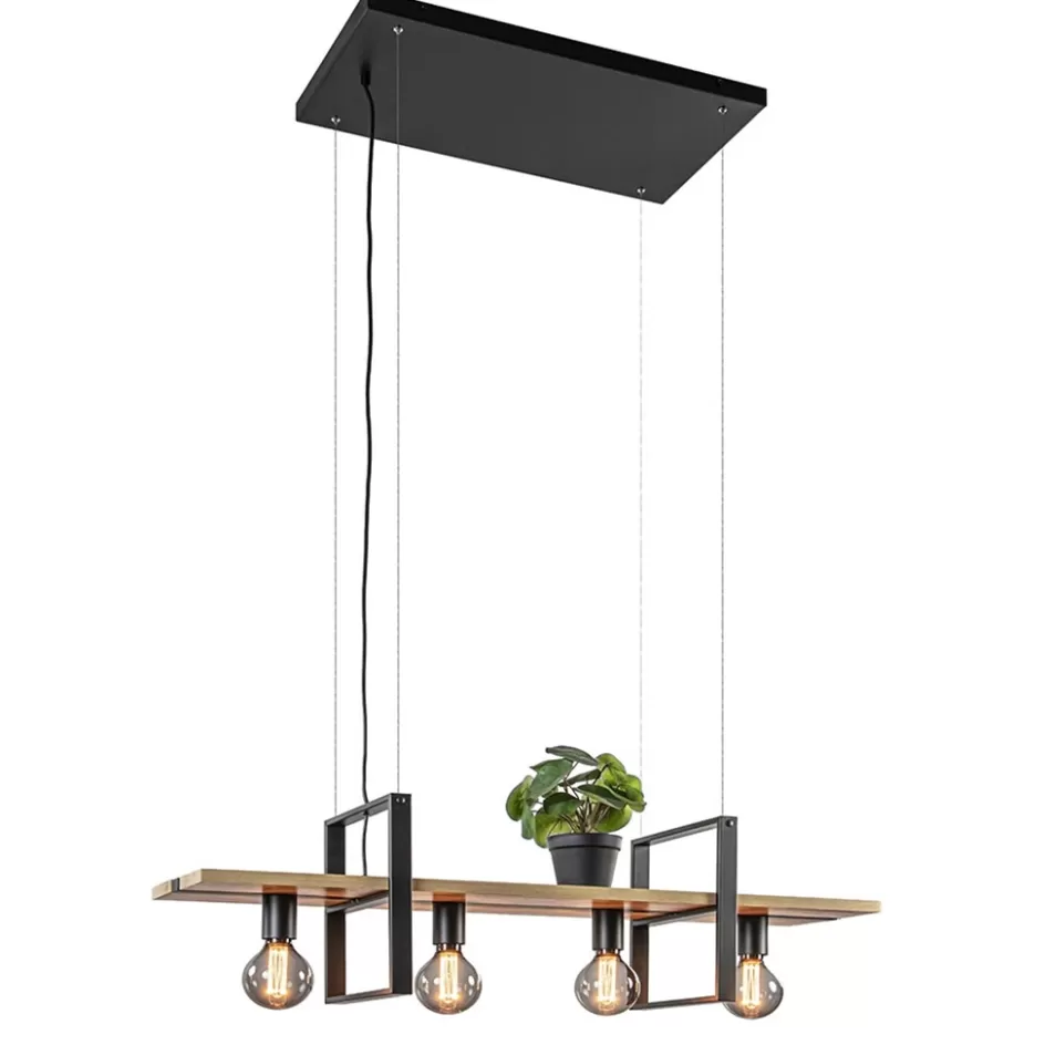 Eettafellampen | Eetkamerverlichting>Straluma Hanglamp 4L zwart met houten planken