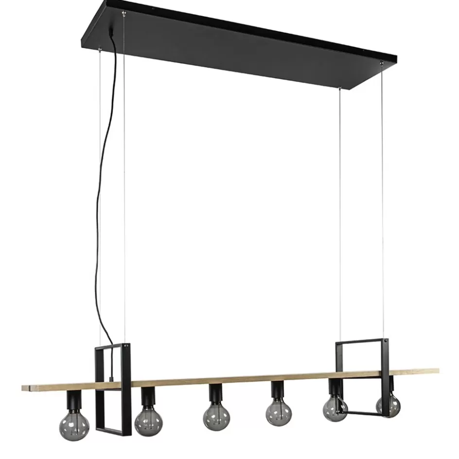 Eettafellampen | Keukenverlichting>Straluma Hanglamp 6L zwart met houten planken