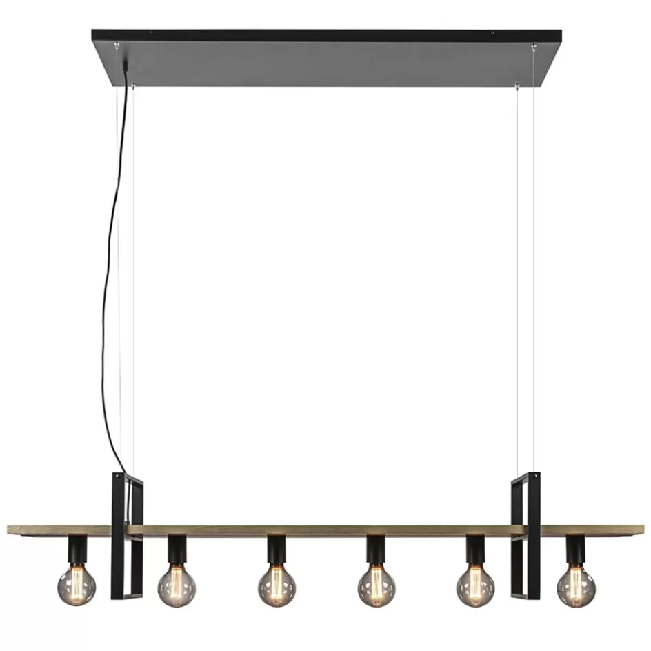 Eettafellampen | Keukenverlichting>Straluma Hanglamp 6L zwart met houten planken