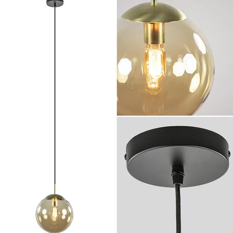 Woonkamerlampen | Slaapkamerlampen>Straluma Hanglamp amber glazen bol 25 cm met messing