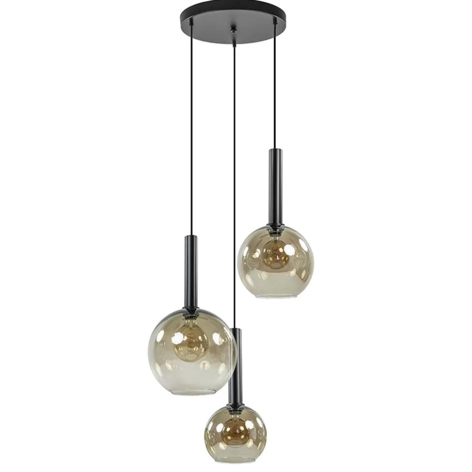 Pendel Lampen | Eetkamerverlichting>Straluma Hanglamp Bella 3L rond zwart+smoke glas