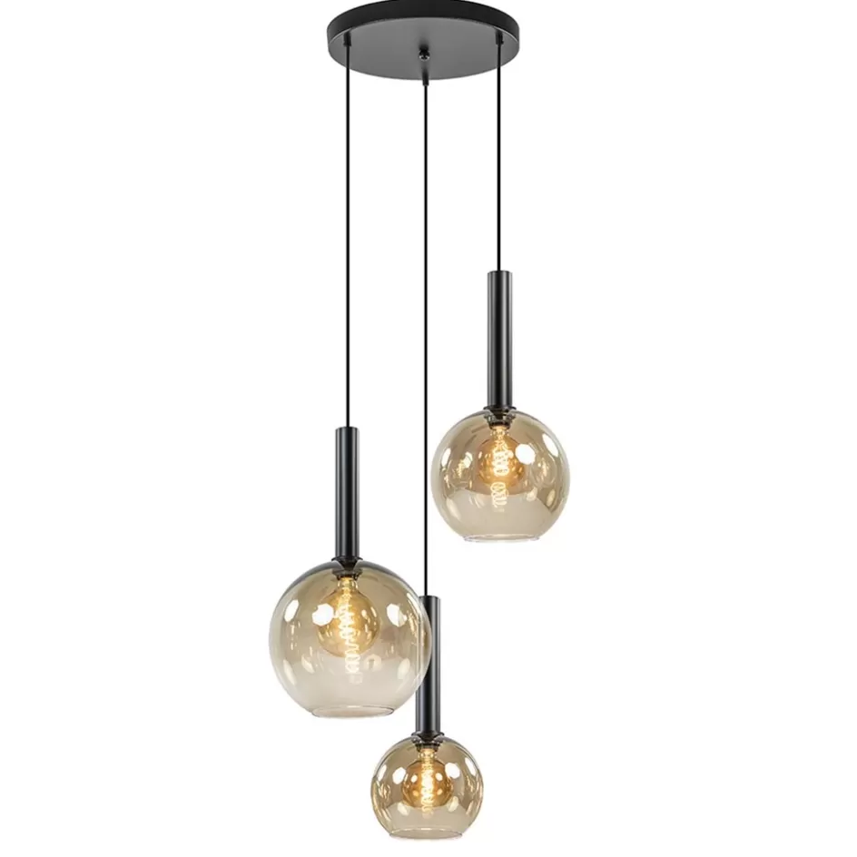 Pendel Lampen | Eetkamerverlichting>Straluma Hanglamp Bella 3L rond zwart+smoke glas