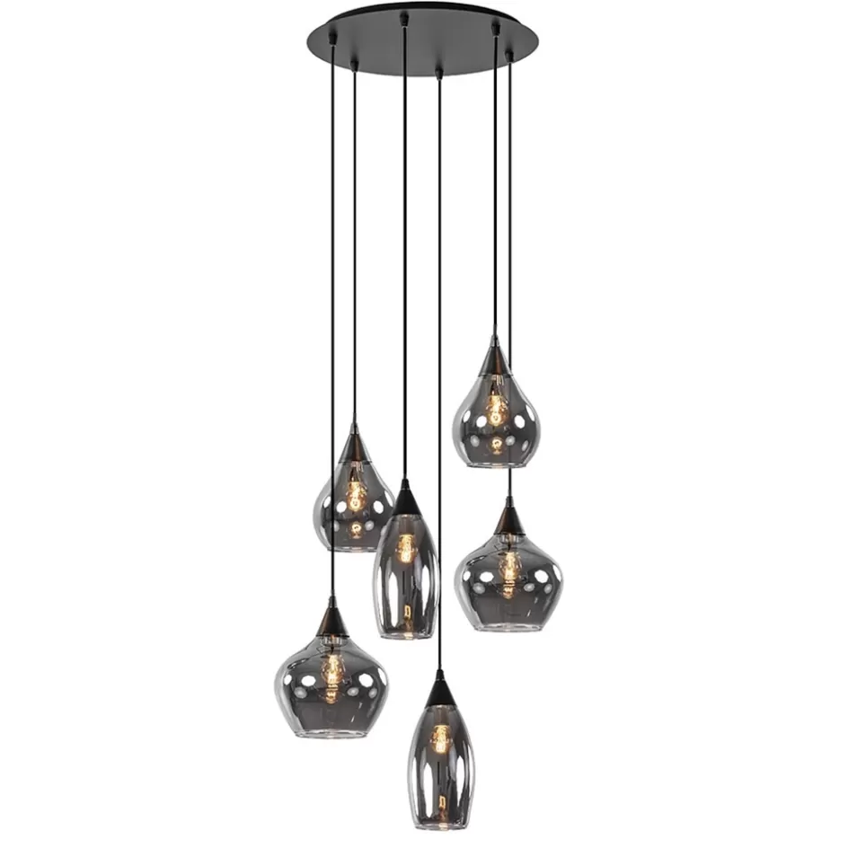 Eettafellampen | Keukenverlichting>Straluma Hanglamp Cambio 6L zwart + smoke glas mix