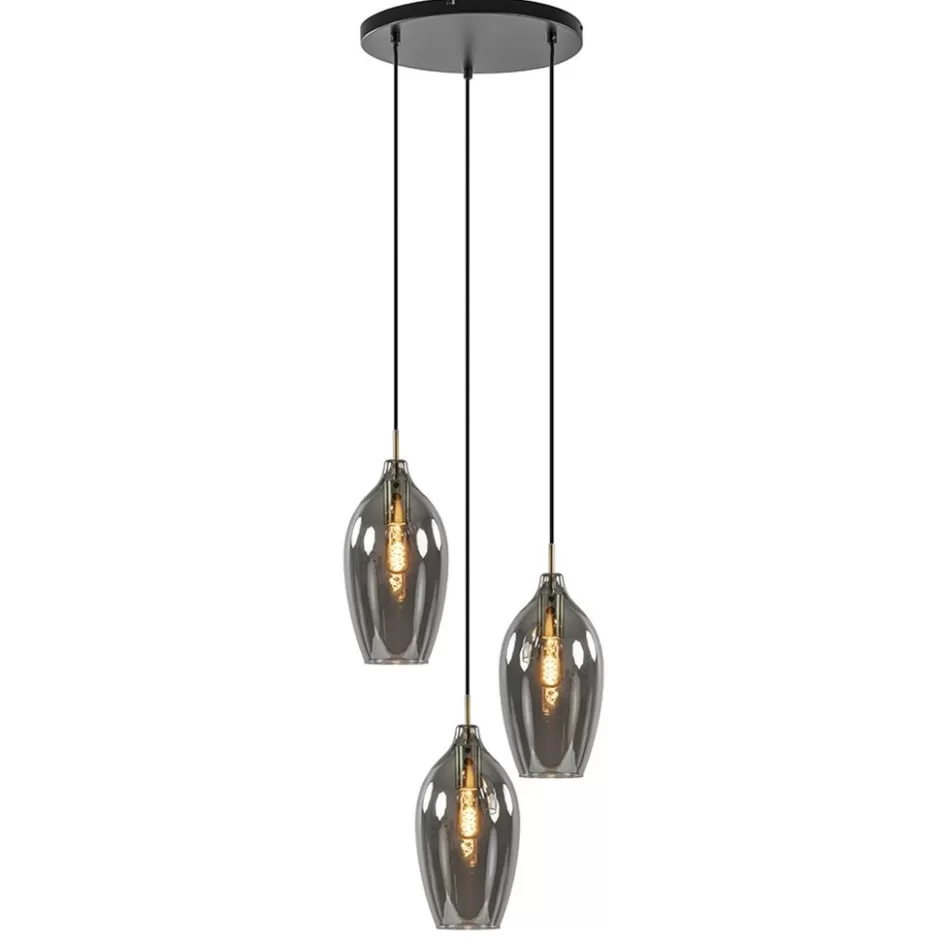 Hanglampen | Eettafellampen>Straluma Hanglamp Lukaro 3-L antiek brons + smoke glas