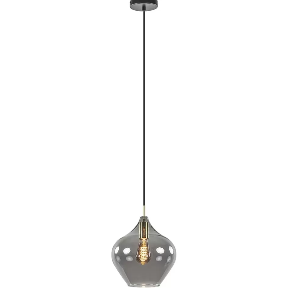 Light and Living | Woonkamerlampen>Straluma Hanglamp Rakel 27cm antiek brass+smoke glas