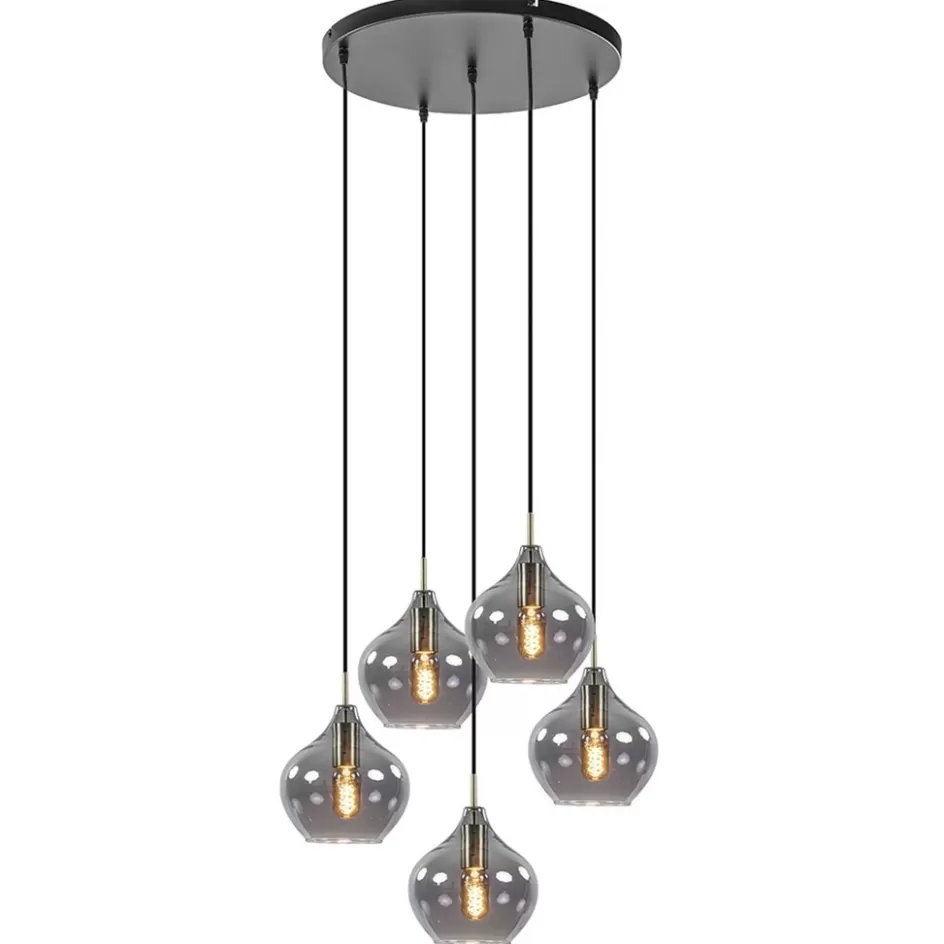 Eettafellampen | Light and Living>Straluma Hanglamp Rakel 5L rond antiek brass + smoke glas