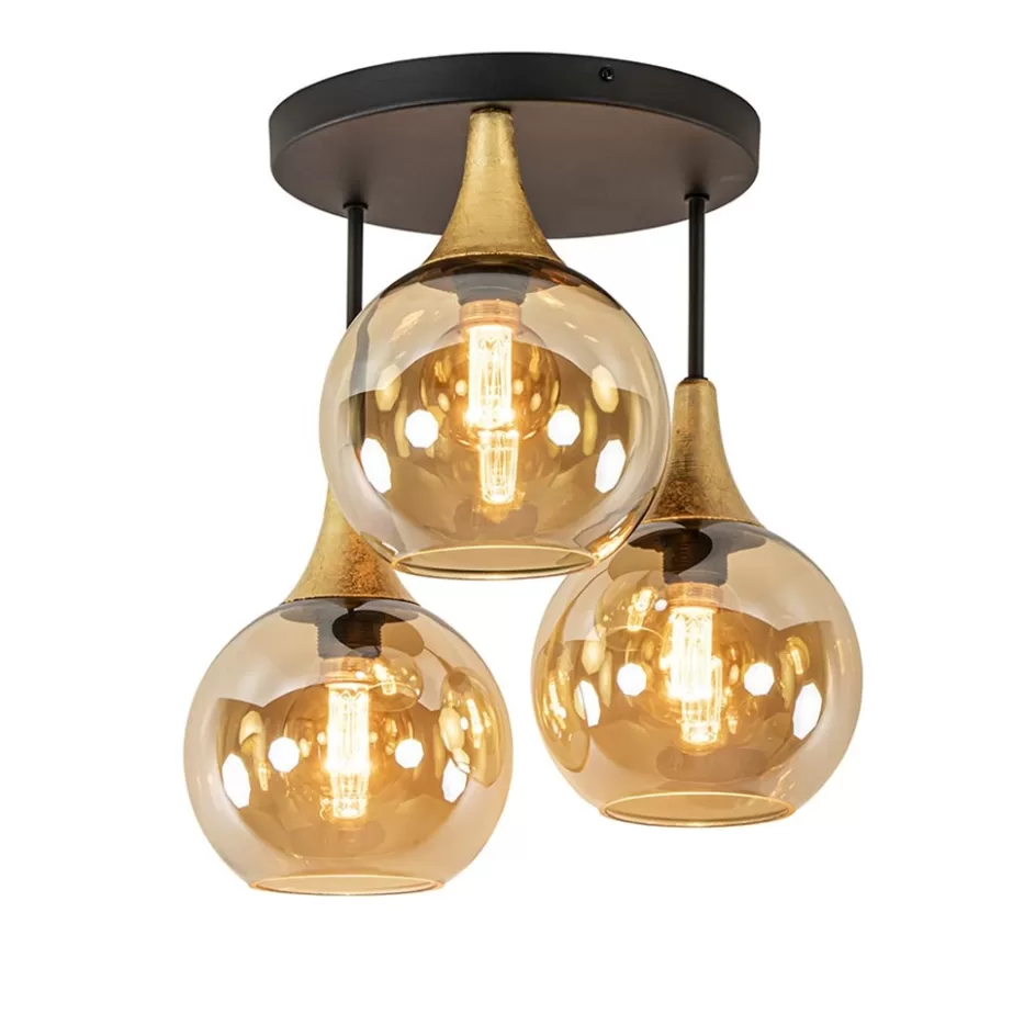 Woonkamerlampen | Slaapkamerlampen>Straluma Klassieke plafondlamp zwart/goud met amber glas