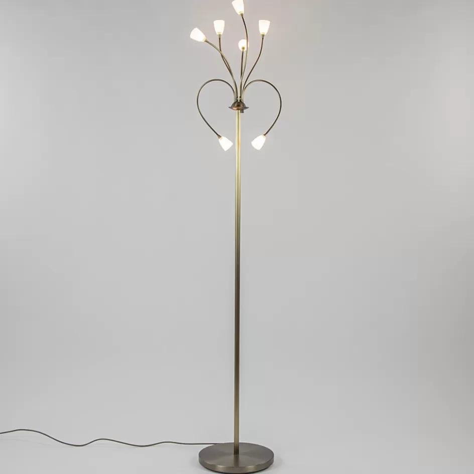 Vloerlampen | LED Vloerlampen>Straluma Klassieke vloerlamp brons met wit gevlamd glas en dimbaar LED