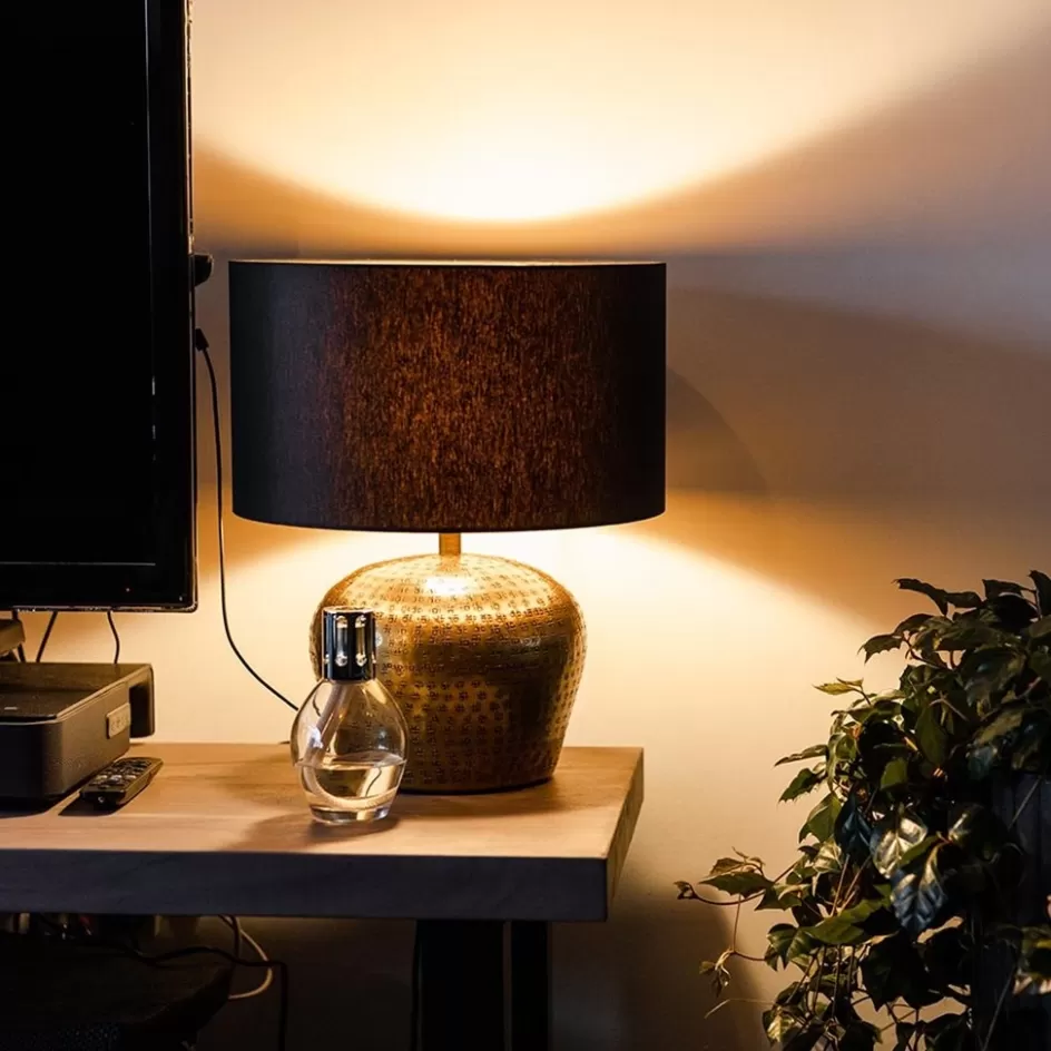 Lampenkappen | Landelijke Verlichting>Straluma Lampenkap zwart/goud cilinder met gouden binnenzijde, hoogte 20cm, Ø 35cm, warm omgeslagen