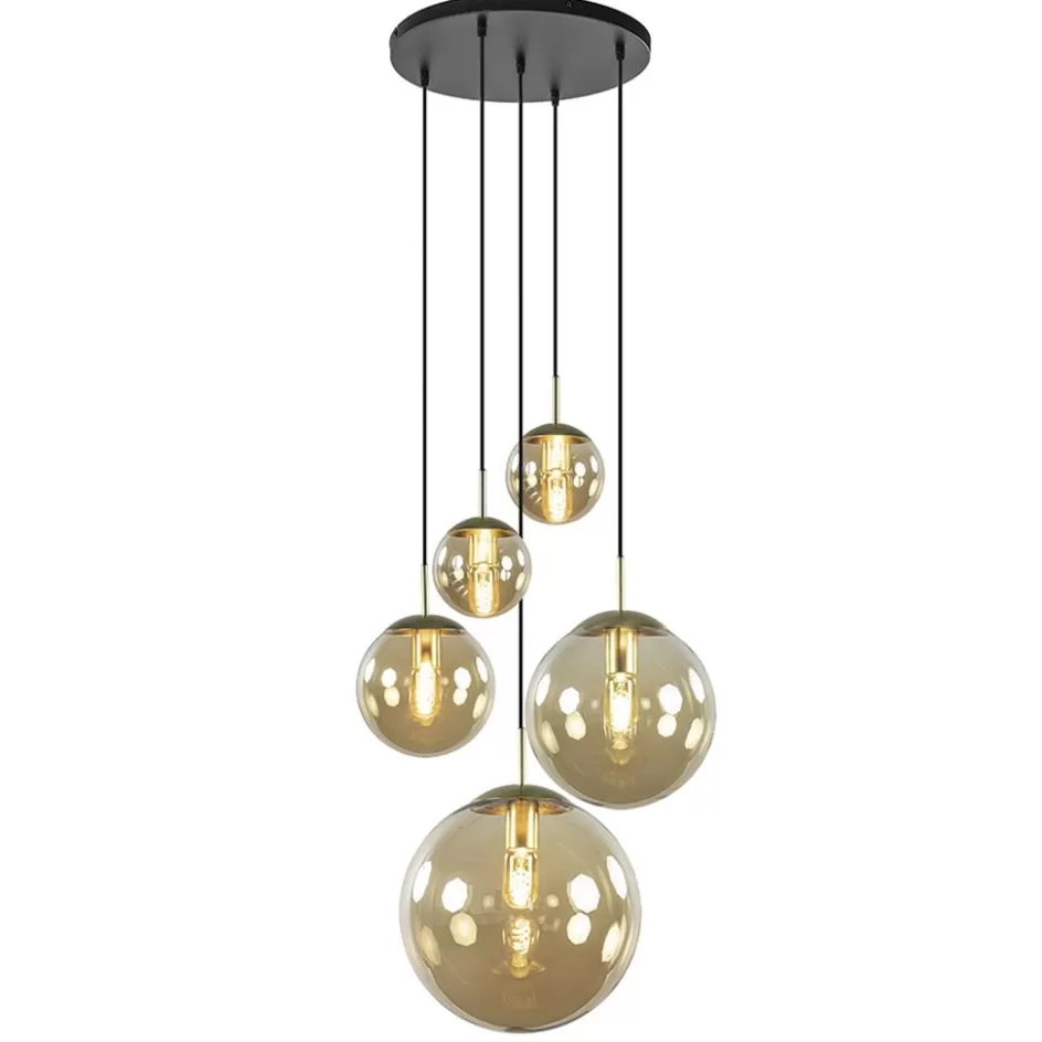 Eettafellampen | Videverlichting>Straluma Luxe 5-lichts videlamp messing met amber glazen bollen