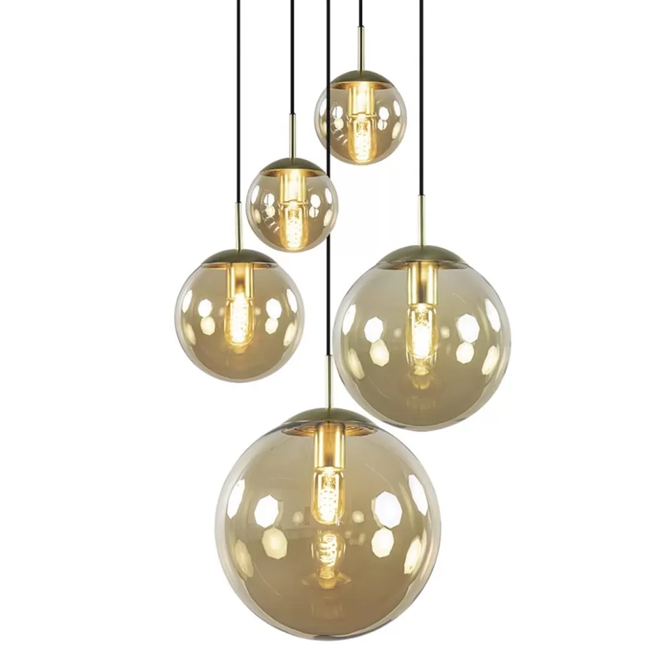 Eettafellampen | Videverlichting>Straluma Luxe 5-lichts videlamp messing met amber glazen bollen