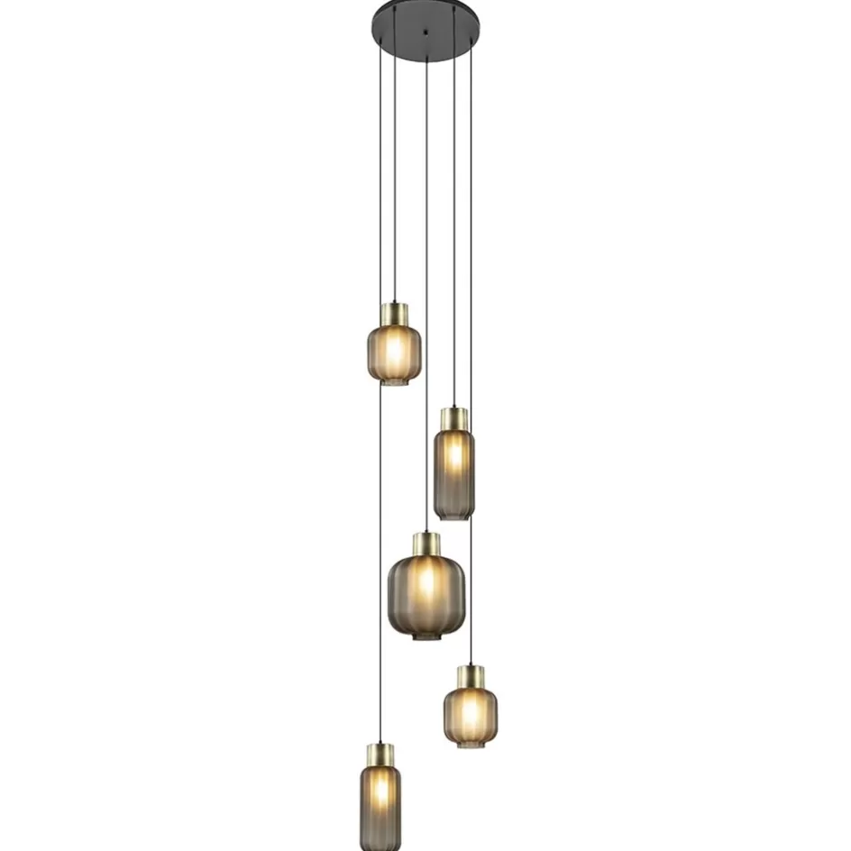 Hanglampen | Videverlichting>Straluma Luxe 5-lichts videlamp zwart/brass met mat zwart glas