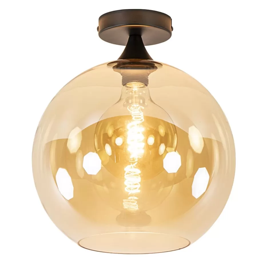 Plafondlampen | Klassieke Verlichting>Straluma Mat zwarte plafondlamp met amber glazen bol 30 cm