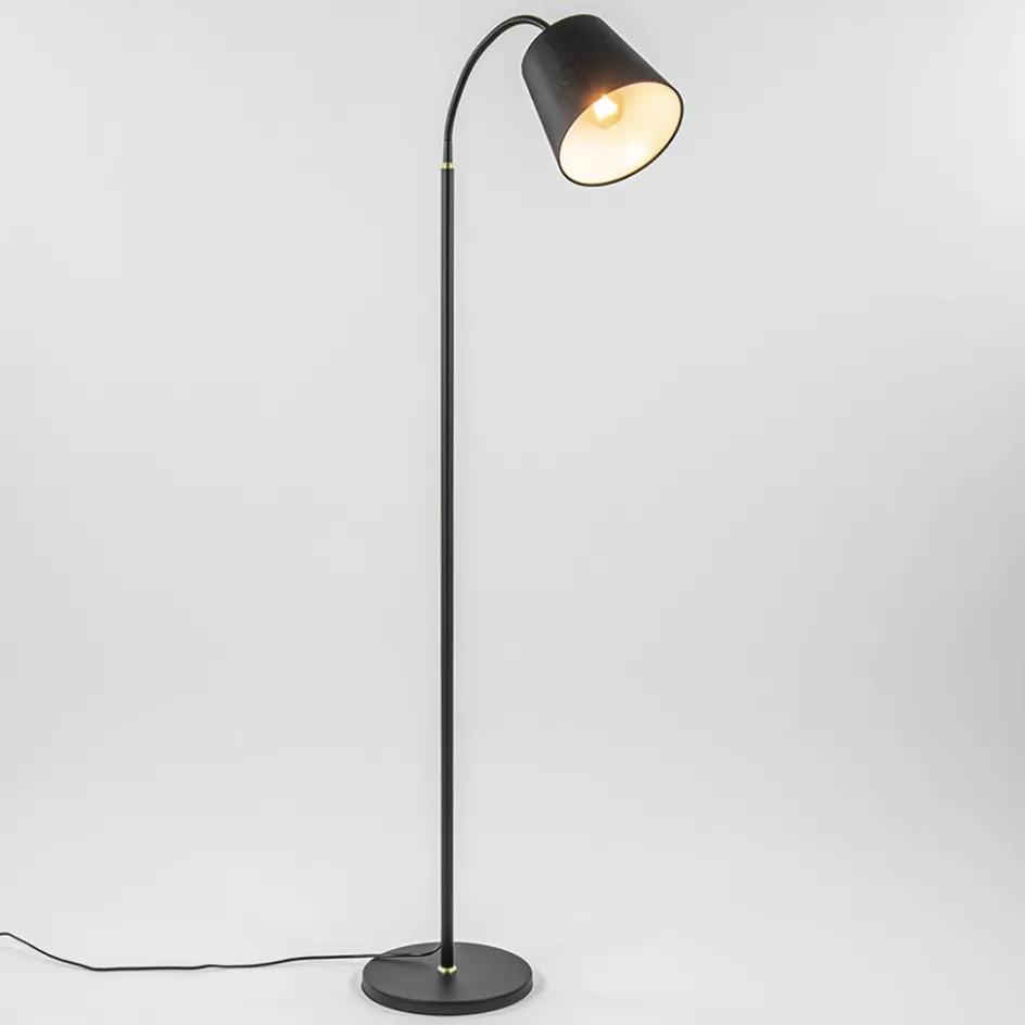 Vloerlampen | Landelijke Verlichting>Straluma Mat zwarte vloerlamp met goud en kunststof kap