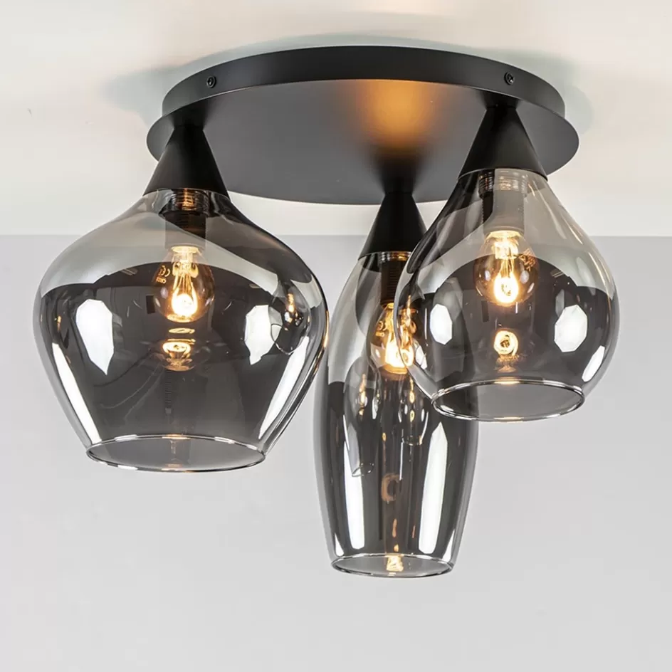 Woonkamerlampen | Halverlichting>Straluma Plafondlamp Cambio 3L zwart + smoke glas