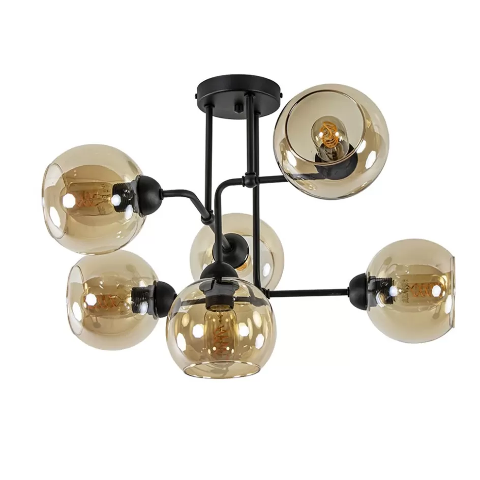 Plafondlampen | Klassieke Verlichting>Straluma Retro plafondlamp zwart met amber glas 6-lichts