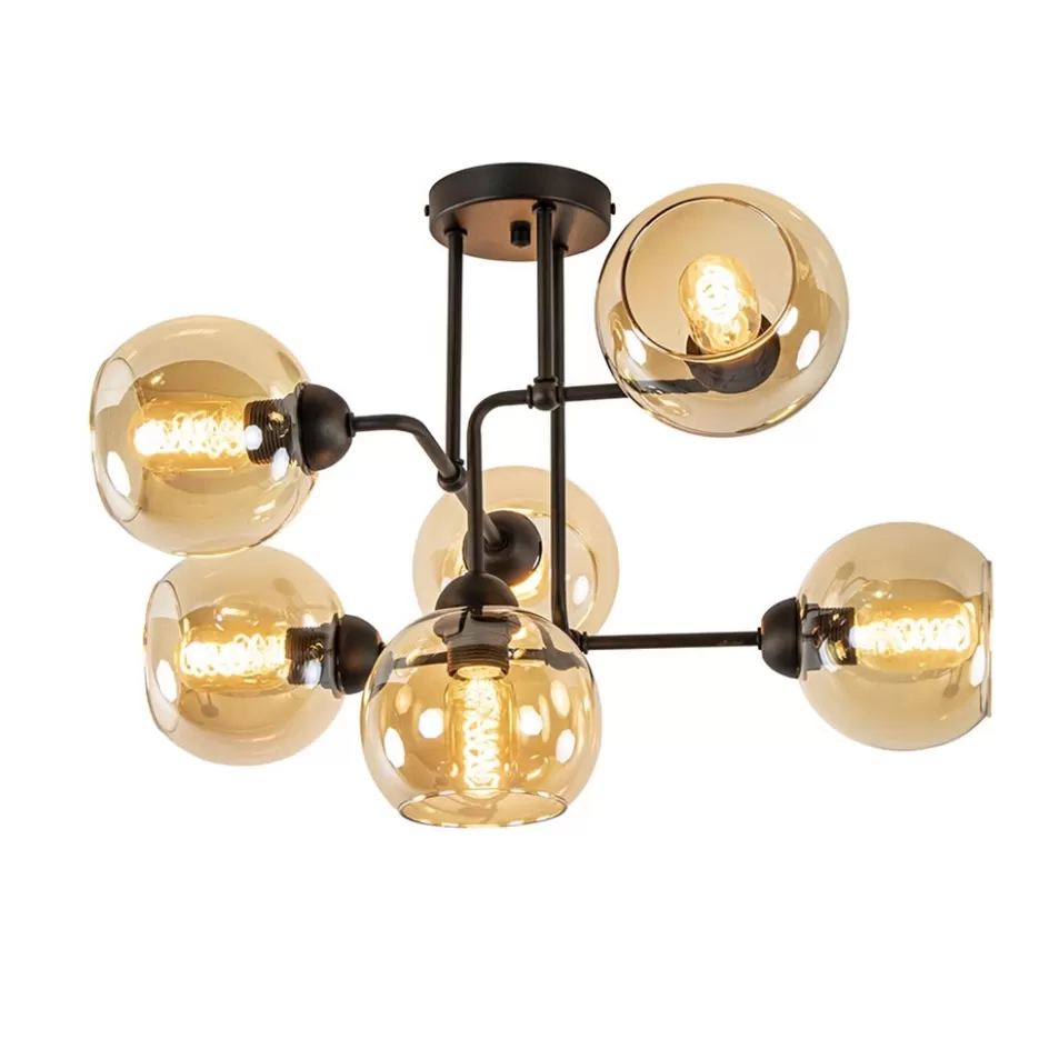 Plafondlampen | Klassieke Verlichting>Straluma Retro plafondlamp zwart met amber glas 6-lichts