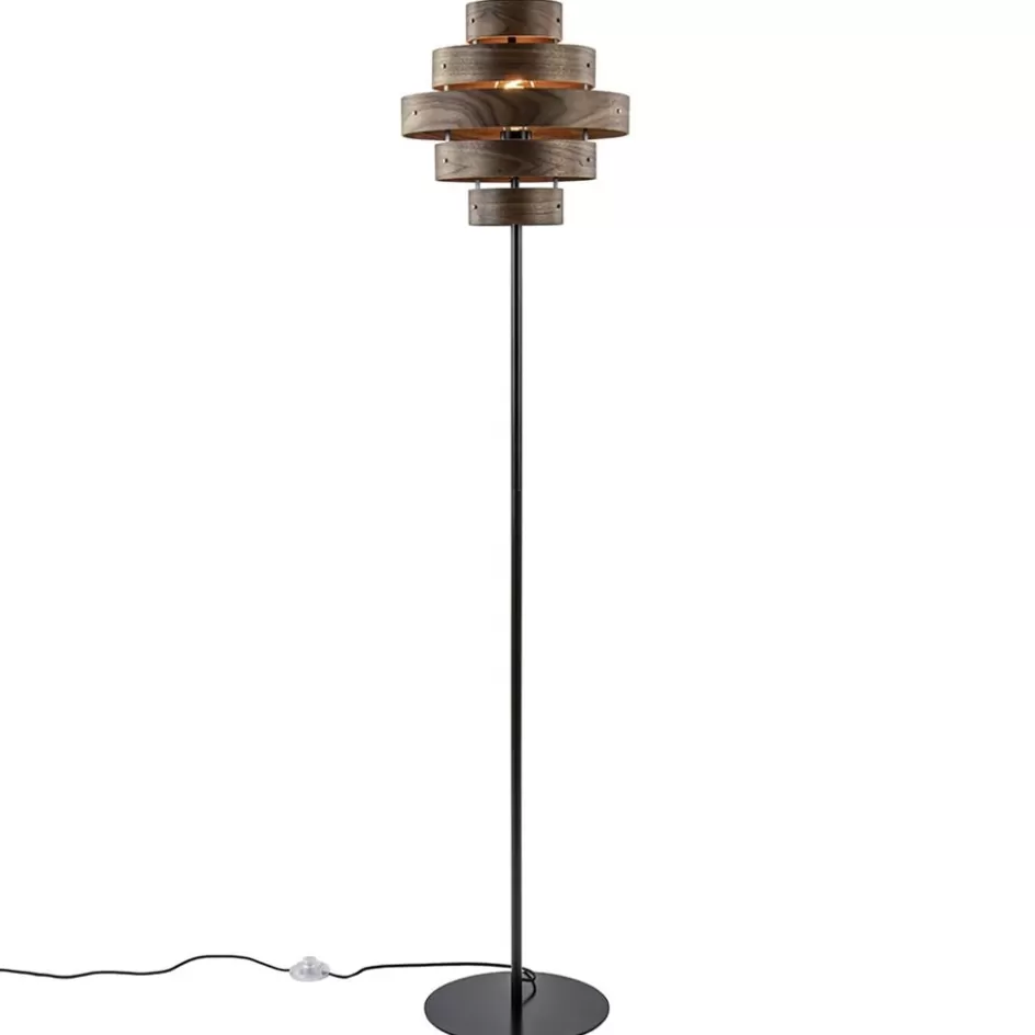 Woonkamerlampen | Slaapkamerlampen>Straluma Retro vloerlamp zwart met walnoot houten kap