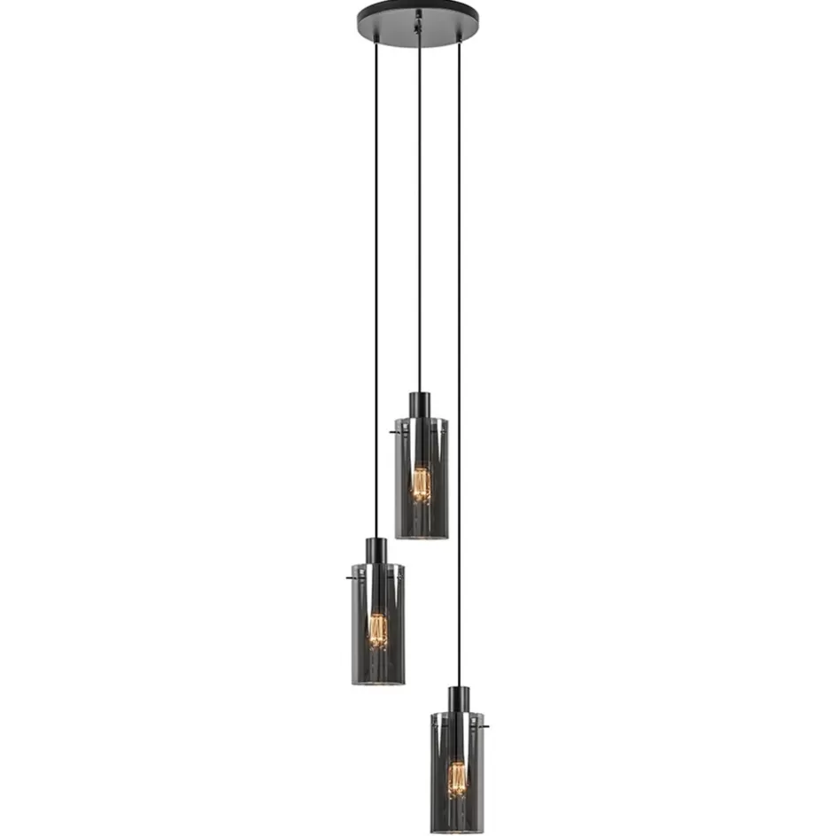 Eettafellampen | Pendel Lampen>Straluma Ronde 3-lichts hanglamp met cilinder smoke glas