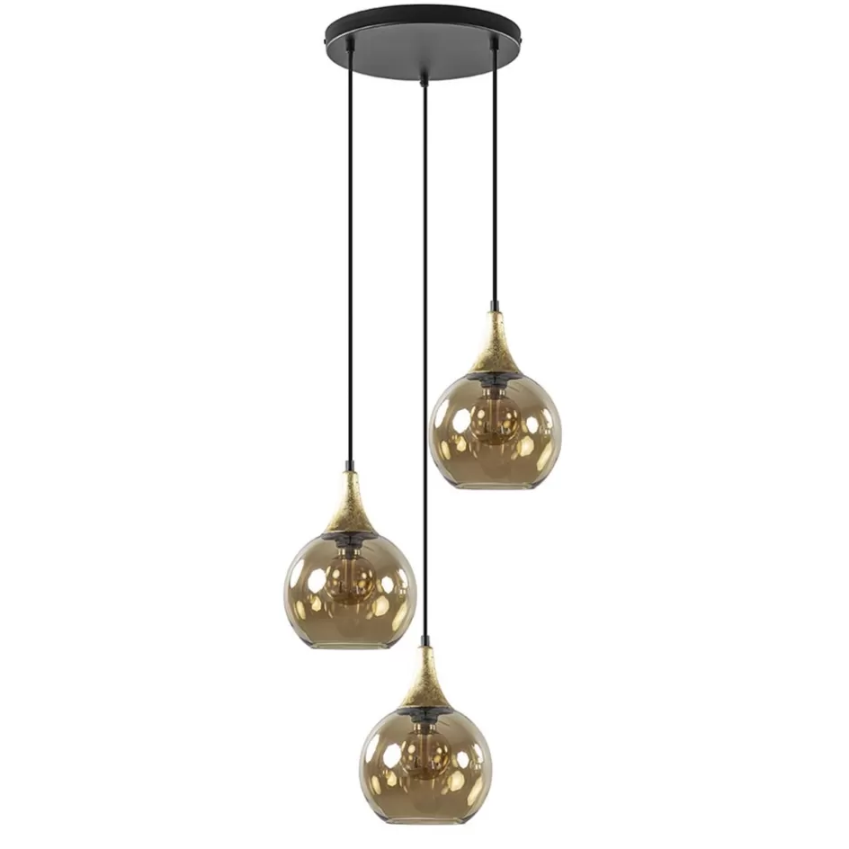 Eettafellampen | Pendel Lampen>Straluma Ronde 3-lichts hanglamp zwart met goud en amber glas