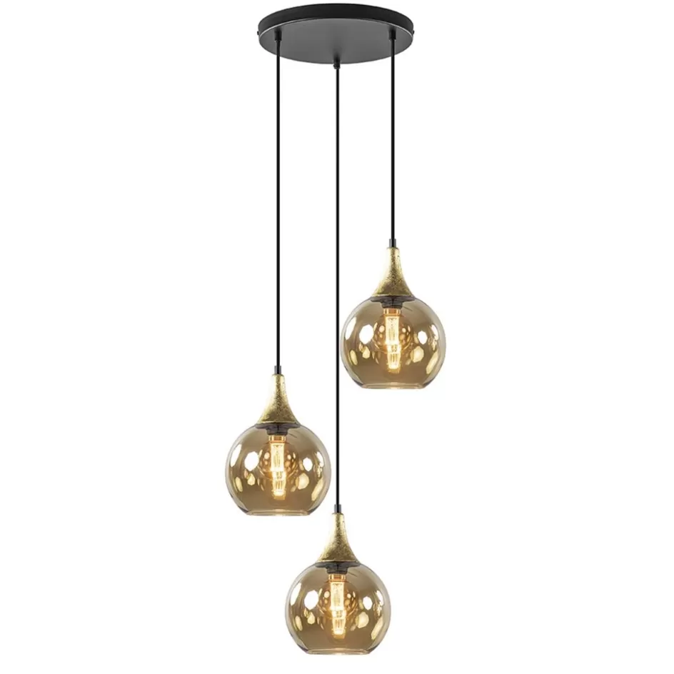 Eettafellampen | Pendel Lampen>Straluma Ronde 3-lichts hanglamp zwart met goud en amber glas