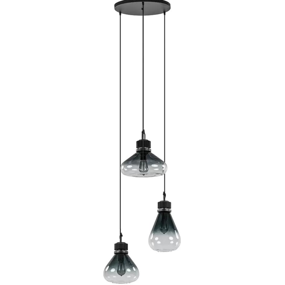 Eettafellampen | Keukenverlichting>Straluma Ronde 3-lichts hanglamp zwart met smoke/helder glas